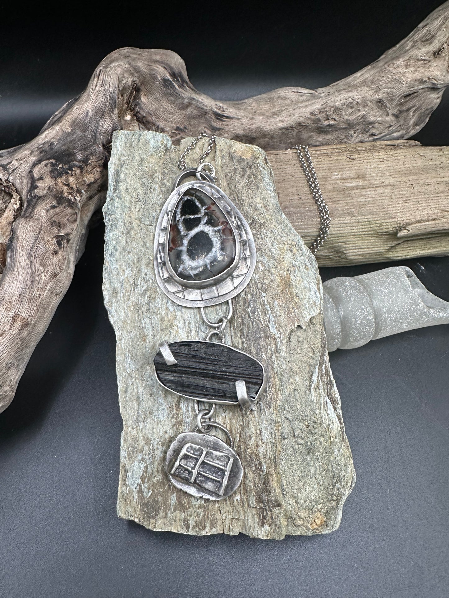 Septarian Nodule and Black Tourmaline necklace