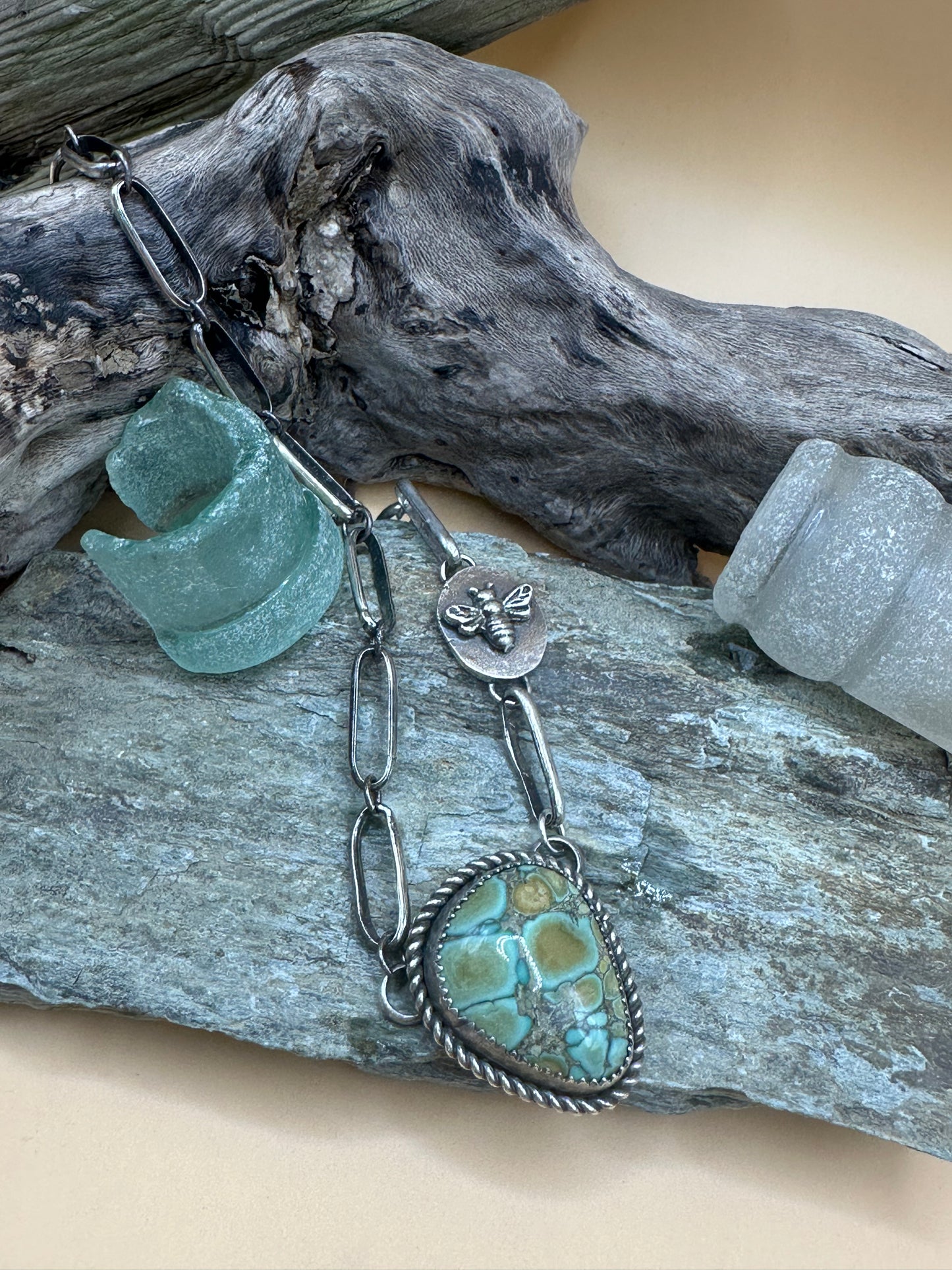 Peacock Turquoise and handmade link chain
