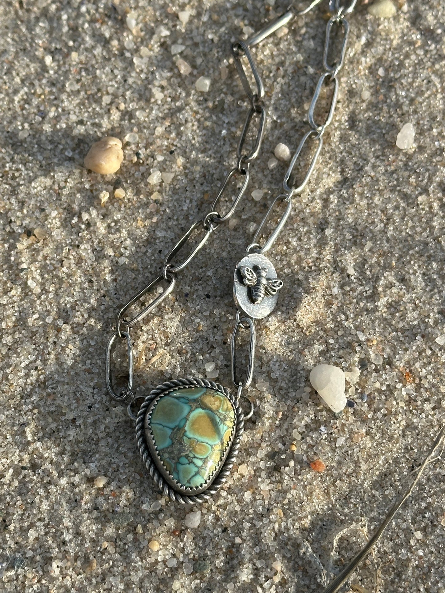 Peacock Turquoise and handmade link chain