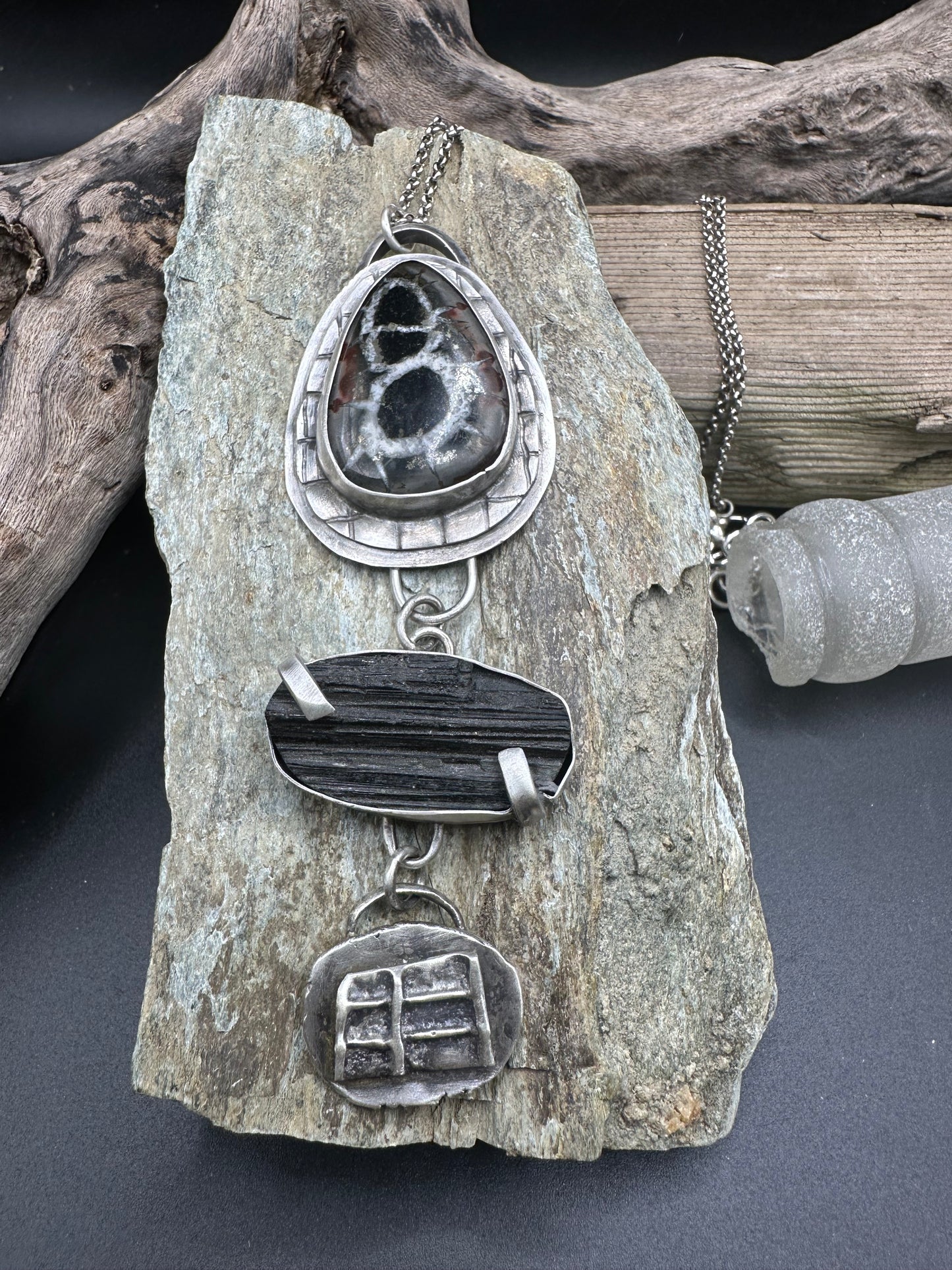 Septarian Nodule and Black Tourmaline necklace