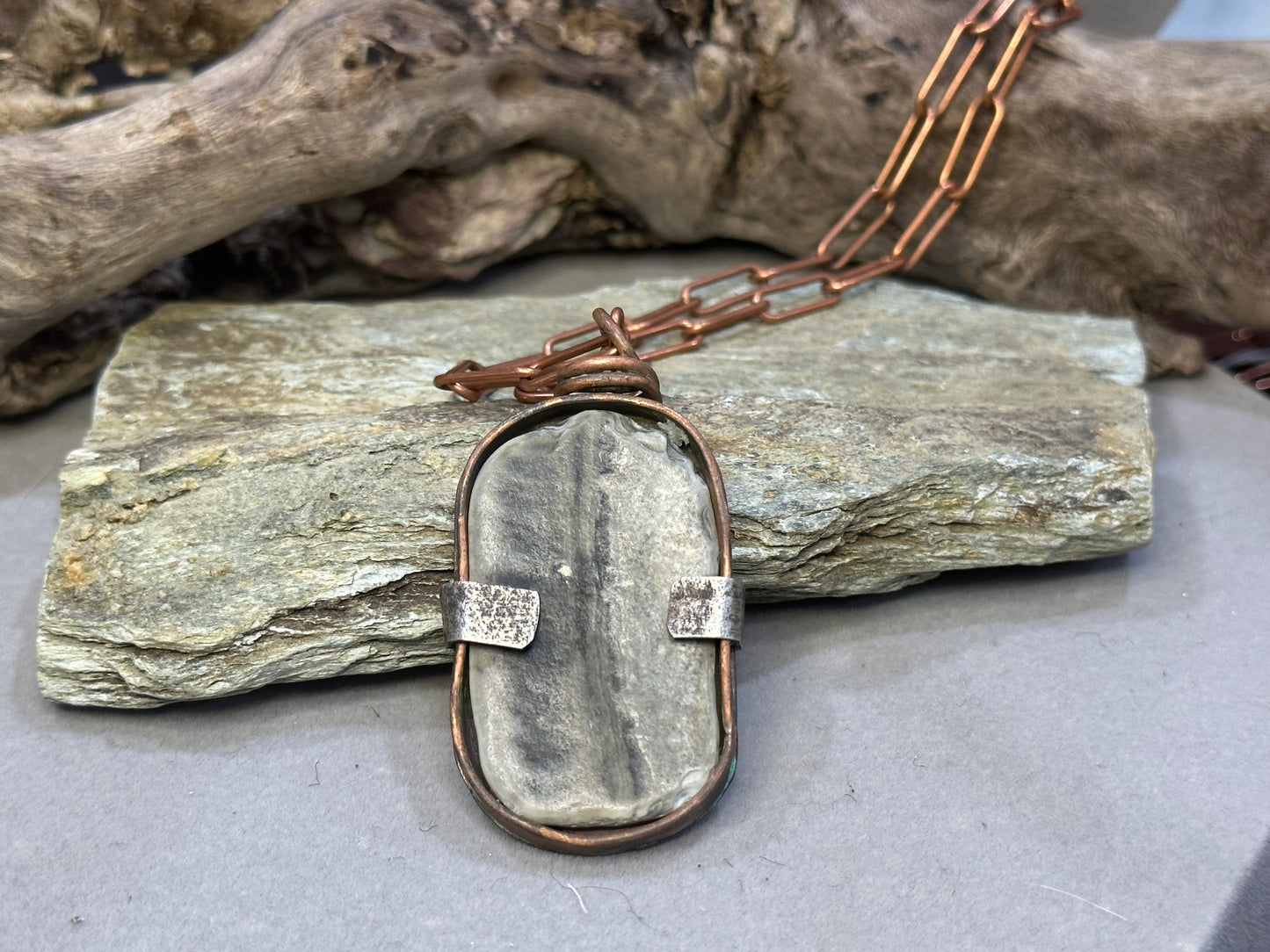 Great South Bay Shell Pendant set in copper with sterling prong