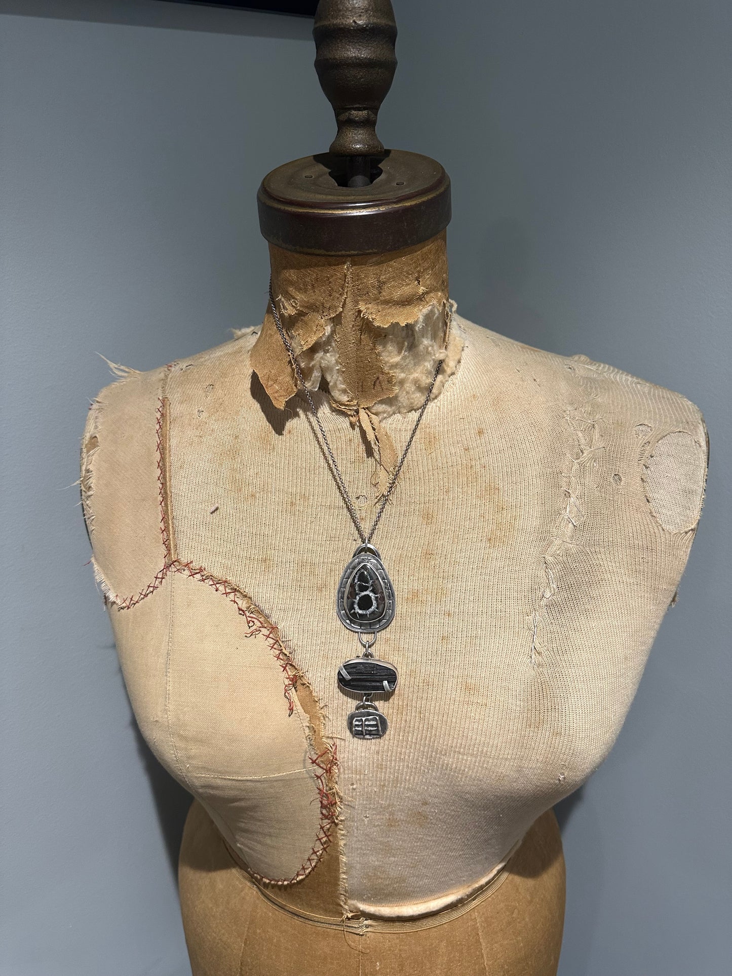 Septarian Nodule and Black Tourmaline necklace
