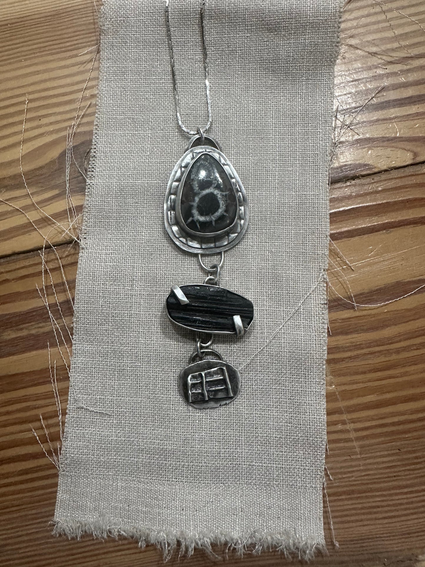 Septarian Nodule and Black Tourmaline necklace