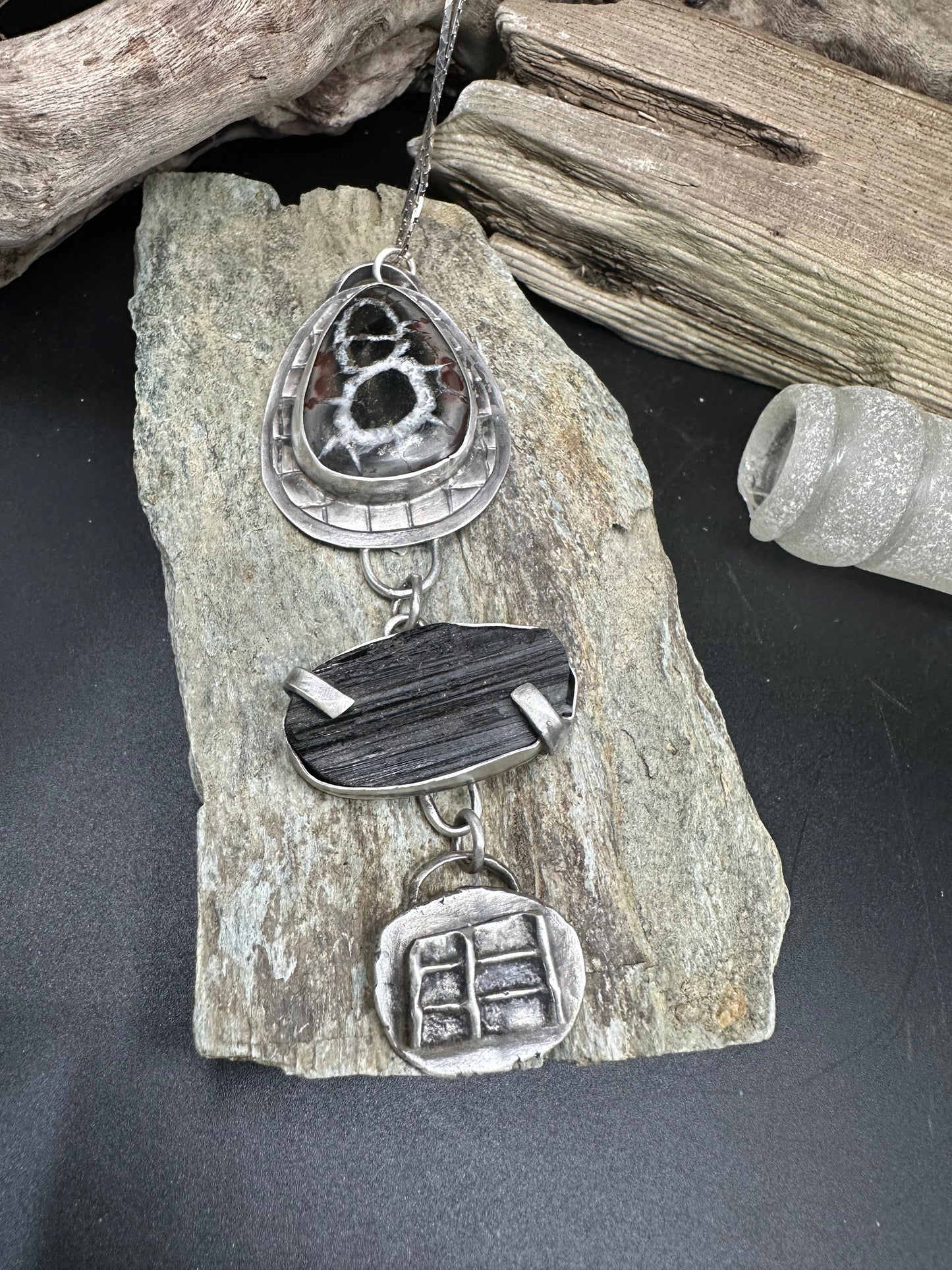 Septarian Nodule and Black Tourmaline necklace