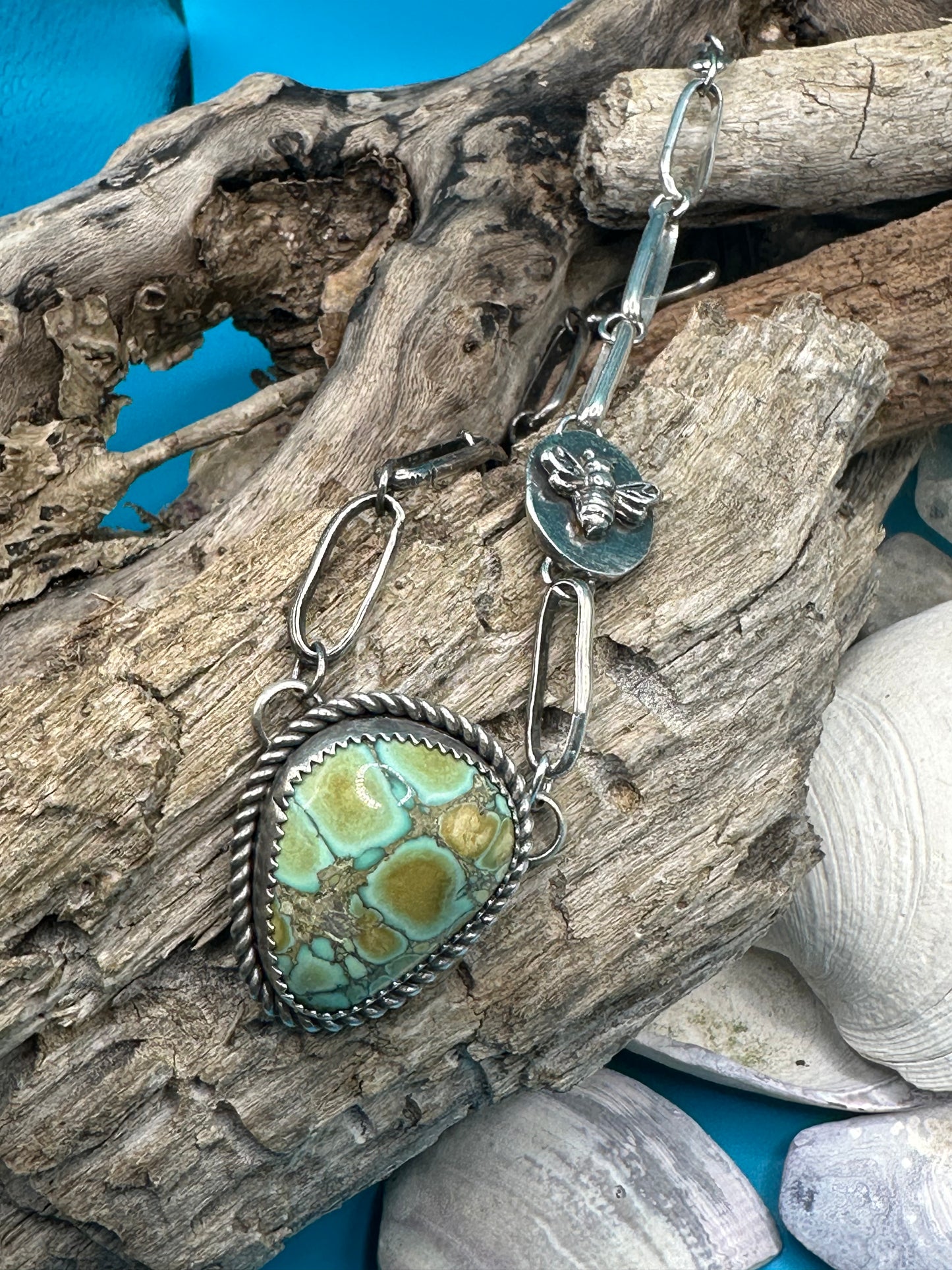 Peacock Turquoise and handmade link chain