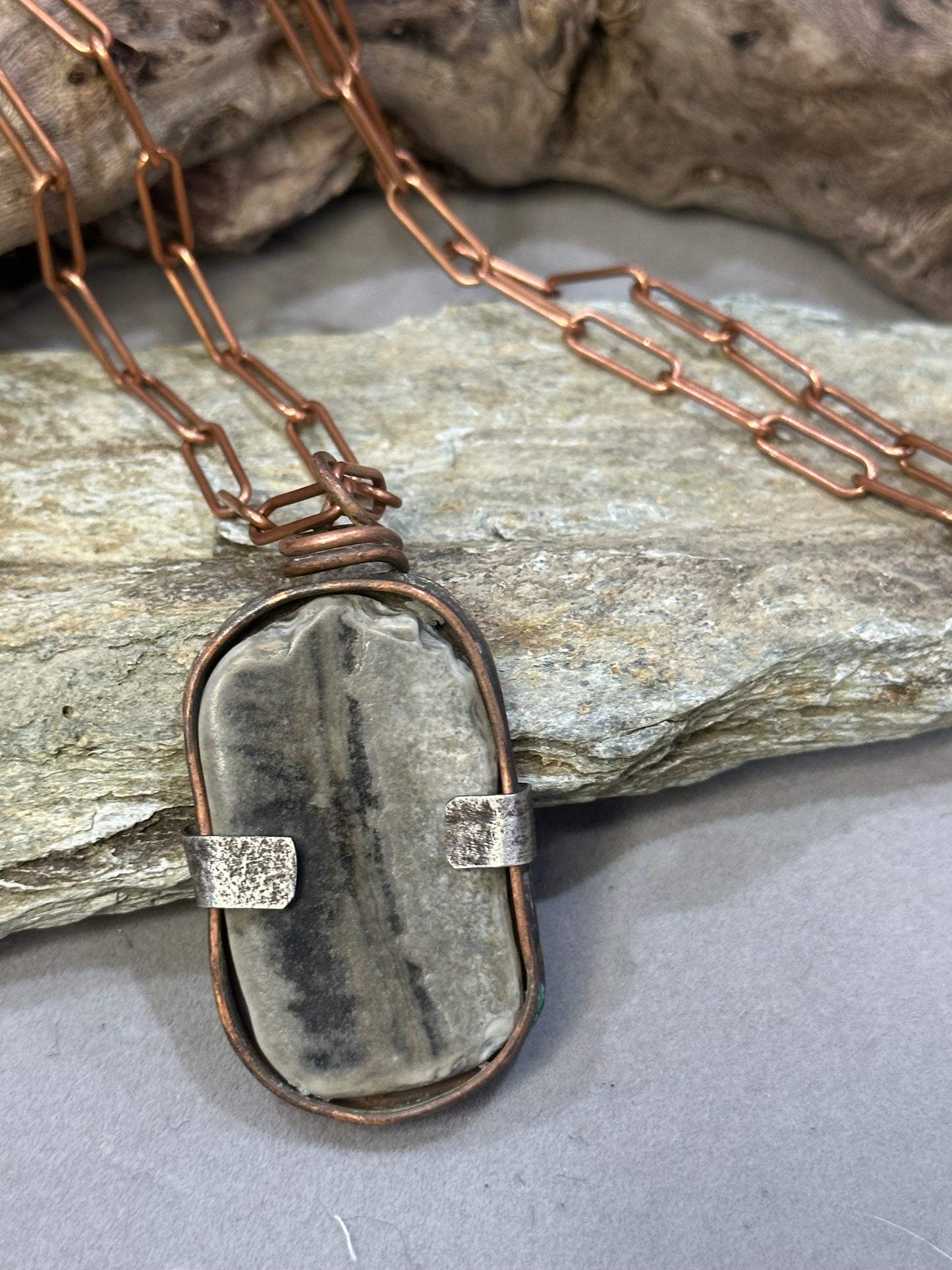 Great South Bay Shell Pendant set in copper with sterling prong