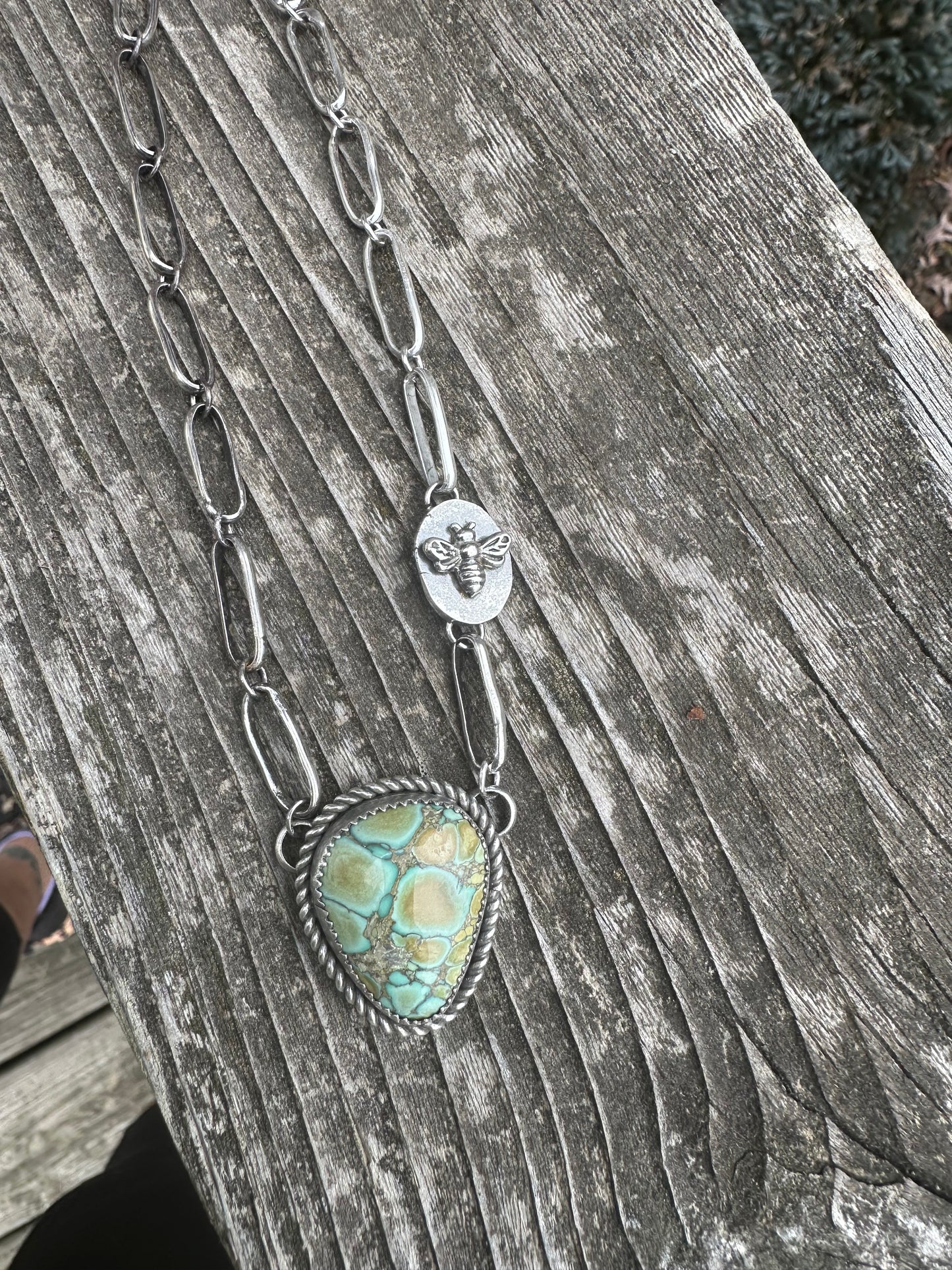 Peacock Turquoise and handmade link chain