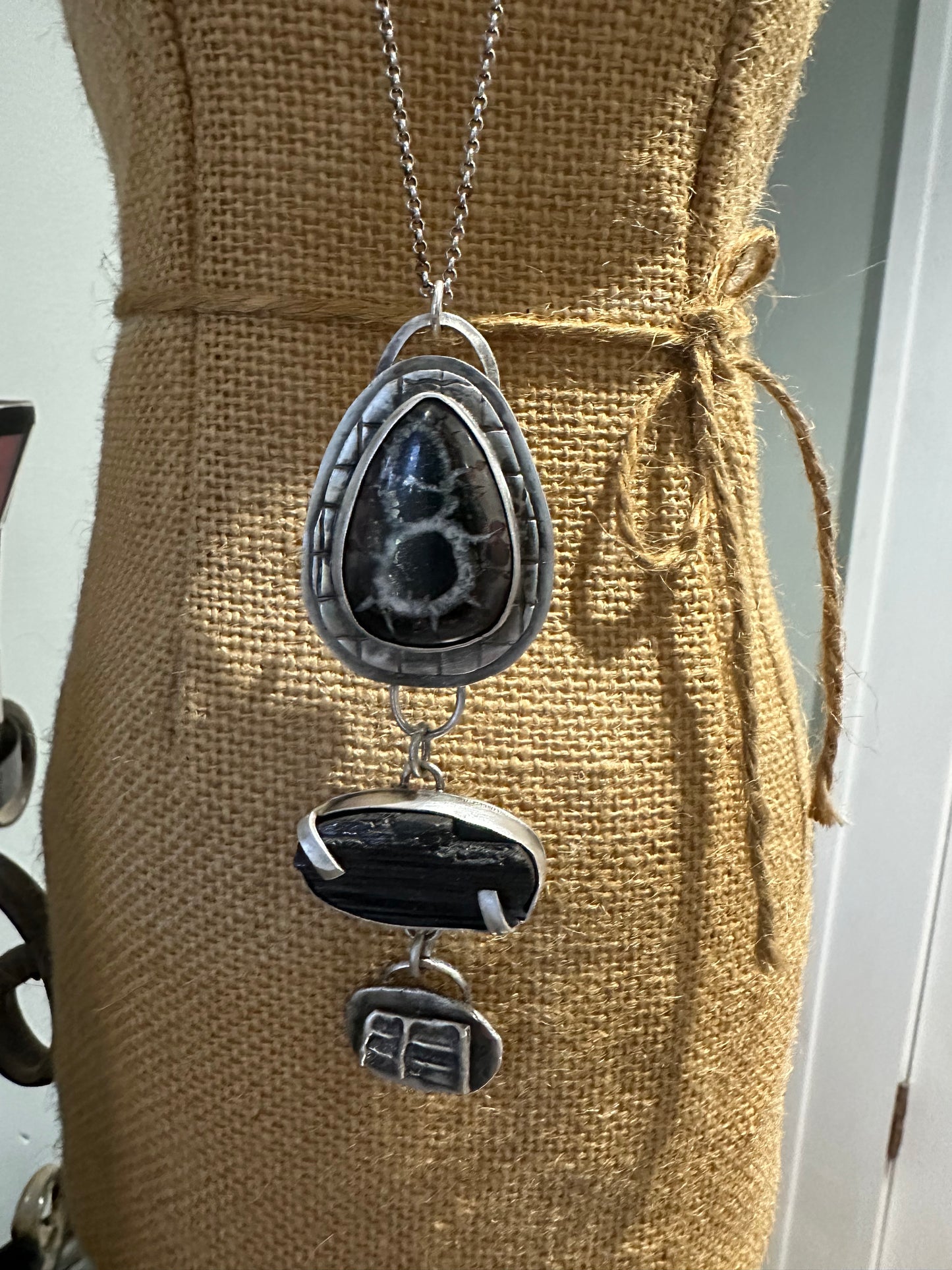 Septarian Nodule and Black Tourmaline necklace