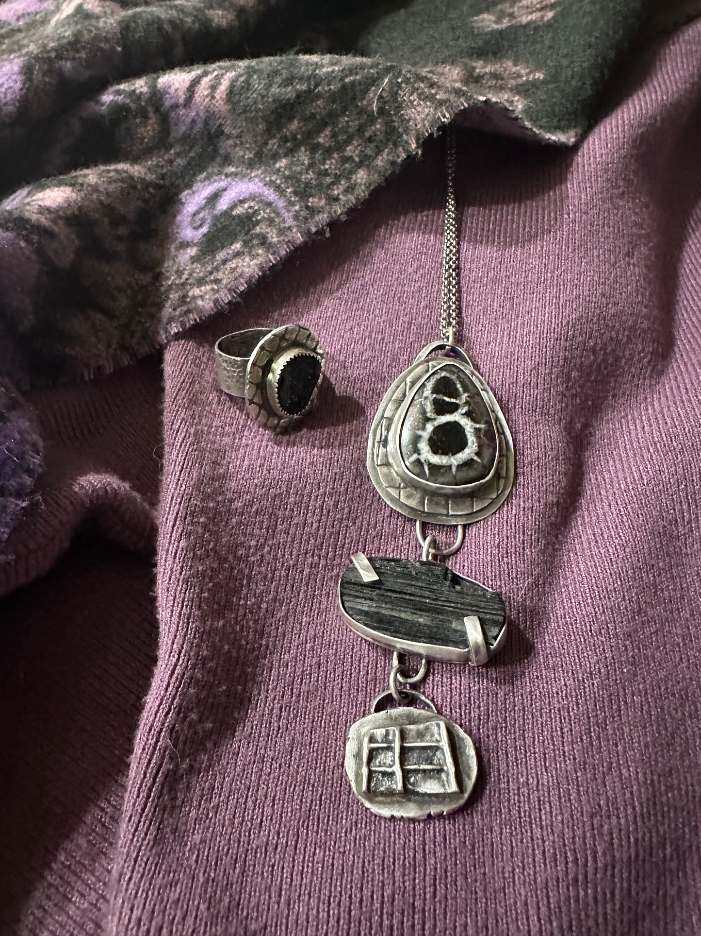 Septarian Nodule and Black Tourmaline necklace