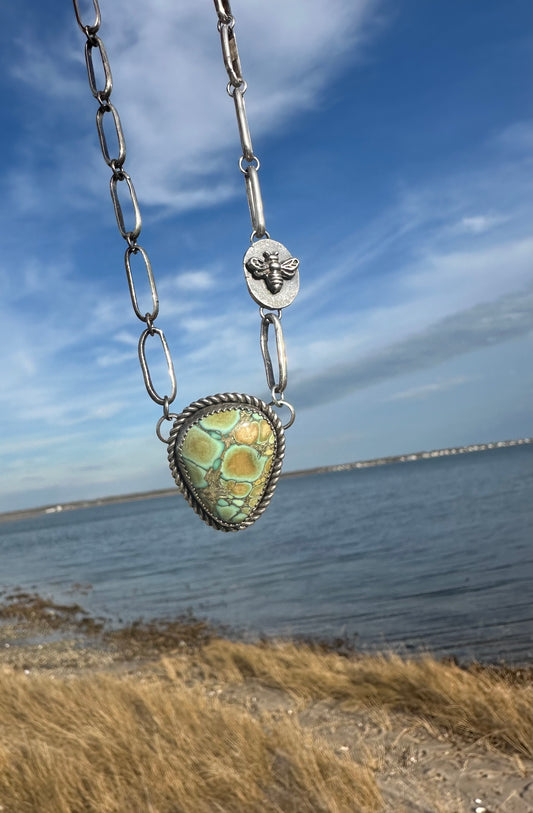 Peacock Turquoise and handmade link chain