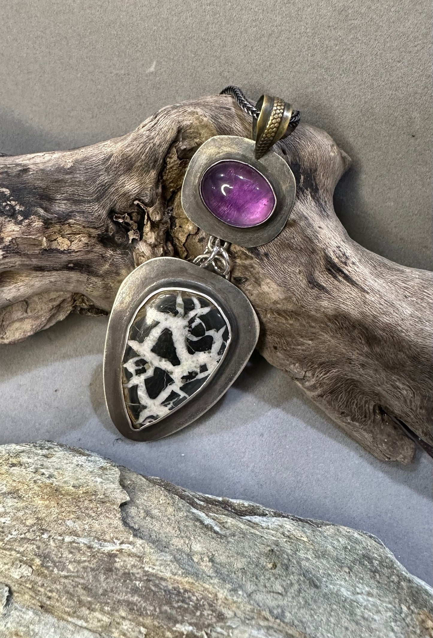 Amethyst and Septarian Nodule Pendant