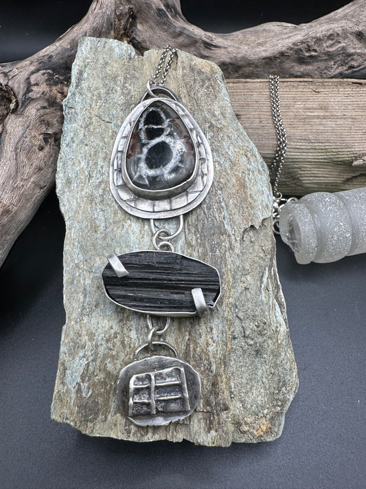 Septarian Nodule and Black Tourmaline necklace