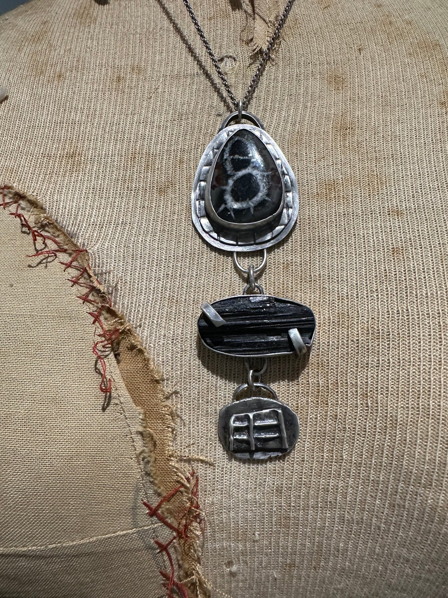 Septarian Nodule and Black Tourmaline necklace