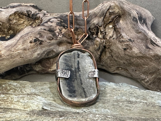 Great South Bay Shell Pendant set in copper with sterling prong